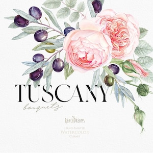 Clipart floreale Giardino Rose Olive Fiori Rosa Verde Rami di ulivo, Bouquet ad acquerello, Boho Boho Invitato di nozze dipinto a mano