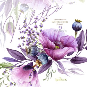 Papavero viola acquerello, lavanda, fiori viola, bouquet dipinti a mano, inviti di nozze, boho, cornice floreale clipart, biglietto di auguri