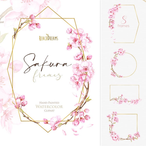 Sakura-Rahmen. Aquarell florale geometrische Clipart, rosa, gold, Kirschblüte, Blumen, Hochzeit, Braut, zart, Frühling, Zweige, png