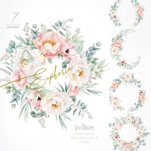 Blumen Clipart Eukalyptus Pfingstrosen Weiße Blumen Grün Hellrosa Aquarell Kränze Boho Boho Handgemalte Hochzeitseinladungen PNG