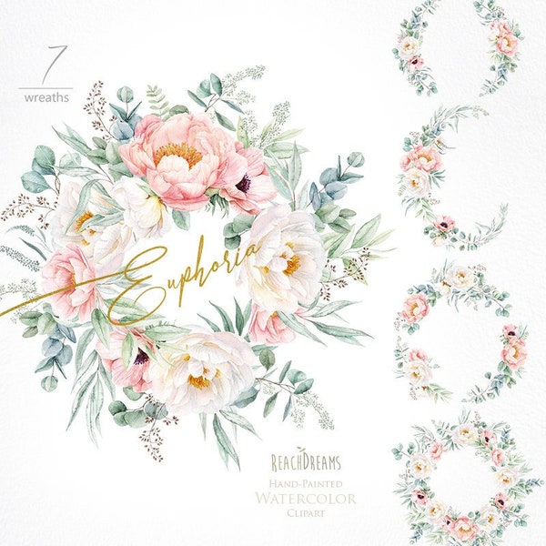 Floral Clipart Eucalyptus Peonies White Flowers Greenery Light Pink Watercolor Wreaths Bohemian Boho Hand Painted Wedding Invitations PNG