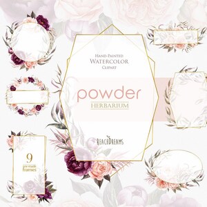 Piwonie kwiaty akwarela, róże, ramki kwiatowe, proszek, śliwka, fiolet, bordo, ślubne, cliparty Boho, ręcznie malowane wesele, cyfrowe png