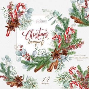 Christmas bouquets, Eucalyptus, New Year set, Spruce, Cinnamon, XMAS, Candy cane, Star anise, Floral clipart, Greenery, winter wedding