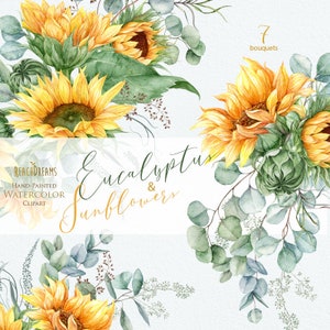 ヒマワリのクリップアート、ユーカリのクリップアート、緑のクリップアート、水彩の花束、ボヘミアン自由奔放に生きる花。手描きの結婚式、招待状