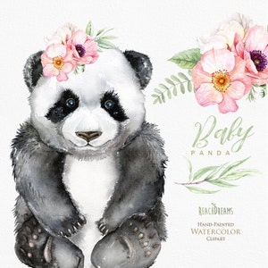 Panda d’aquarelle, clipart de petits animaux, portrait de bébés, cub, tropiques, feuilles vertes, fleurs, enfants mignons, art de pépinière, diy de douche de bébé