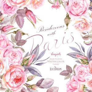 Paris Aquarell Clipart, Frankreich, Eiffelturm, Frankreich, Rosen Blumen, Blumensträuße, Laterne, Retro-Auto, Vintage, romantisch, Französisch Stil