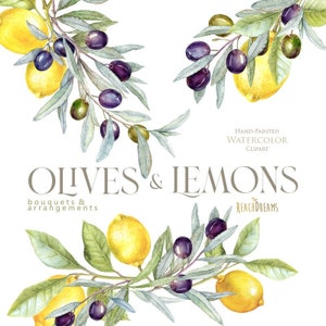 Olive, Citrons clipart, Aquarelle, verdure, feuillage, feuille, branche d’olivier, bouquets, arrangement, invitations rustiques, invitations de mariage, mariée