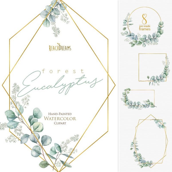 Eucalyptus Frames, Watercolor Geometric Floral clipart, foliage, greenery, gold, wedding, bridal, delicate, nature, branch, gentle leaves