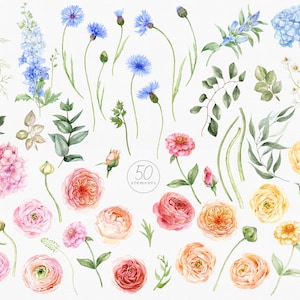 Op de afbeelding: Waterverf bloemelementen in roze, blauw en geel. De afbeelding toont verschillende bloemen, waaronder rozen, hortensia's en korenbloemen, samen met groene bladeren en stelen. De tekst "50 elements" staat in het midden.