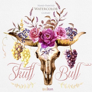 Teschio di Toro acquerello con bouquet floreale e grappoli d'uva. Corna Clipart, Corna, Inviti di nozze borgognoni, Bouquet Violet