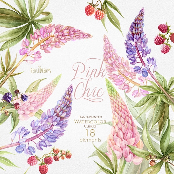 Lupine Pink Flowers, Framboises, Lupins peints à la main, Aquarelle Fleurs d’été, baies, inviter DIY, graphiques de mariage, PNG individuel