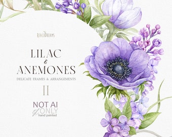 Violet Floral Clipart Lilac Anemones Watercolor Purple Spring Flowers Frames Borders Clip art Premade Clipart Wedding Invitations png