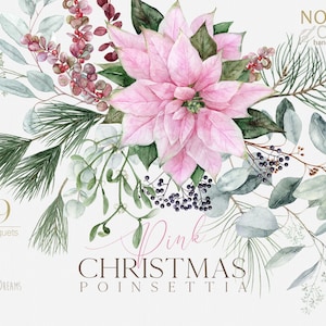 Buquês de Natal, eucalipto aquarela, poinsétia rosa, clipart floral, ano novo, casamento de inverno, visco, abeto, folhagem, vegetação