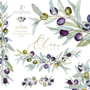 Clipart di olive ad acquerello, verde, fogliame, foglia, corona d'ulivo, ramoscolo d'ulivo, mazzi di fiori, inviti rustici, inviti di nozze, da sposa, alloro