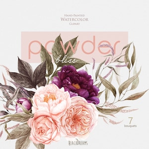 Pivoines Fleurs Aquarelle, Roses, Bouquets floraux, Poudre, Prune, Violet, Bourgogne, Mariée, Boho clipart, Mariage peint à la main, Png numérique