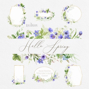 Clipart de printemps, fleurs hépatiques, aquarelle florale, premières fleurs, herbes, plantes forestières, cadres délicats, feuillage de verdure de fougères, mariage