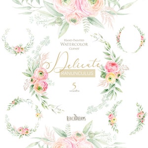 Ranunculus, flores delicadas, pintado a mano, imágenes prediseñadas de boda floral digital, coronas, invitaciones de acuarela DIY, scrapbooking, invitaciones, PNG