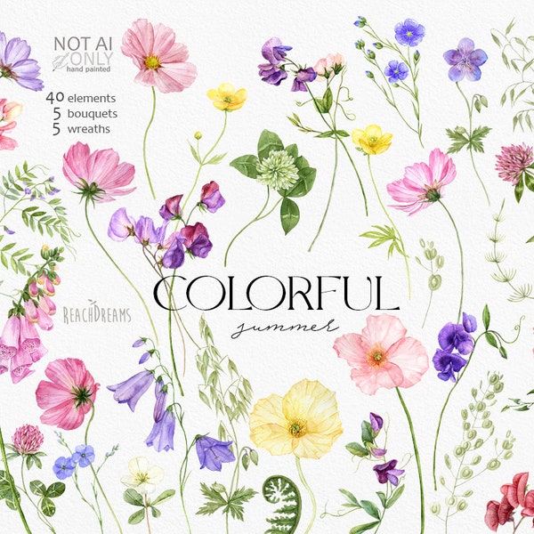 Wildflowers Clipart, Wild flower PNG, Watercolor Summer Flowers, Colorful Bouquets, Floral Frames Clipart, Watercolor Flowers Elements PNG