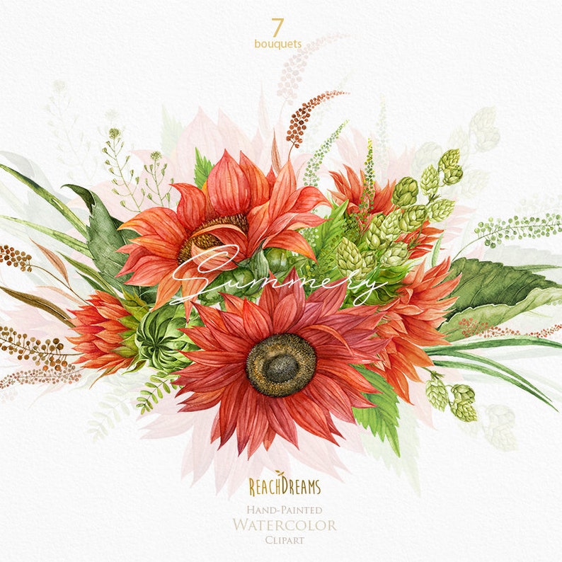 May include: Watercolor illustration of a bouquet of red sunflowers with green leaves and stems. The bouquet is arranged in a corner of the image and has the text "ReachDreams" and "Hand-Painted Watercolor Clipart" below it.