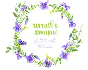 Viola Flowers Wreath  and Bouquet. Watercolor Clipart. Handpainted watercolor, wedding, invitations, greetings, romantic, frames