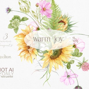 Girassóis florais, aquarela, flores silvestres, prado, campo, clipart de verão de flores silvestres, buquês de casamento, flores PNG para logotipo, convite DIY