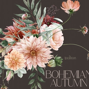 Peut inclure: Peinture &agrave; l'aquarelle d'un bouquet de fleurs roses, p&ecirc;che et rouges avec des feuilles vertes. Les fleurs sont dispos&eacute;es dans un style l&acirc;che et naturel. L'arri&egrave;re-plan est de couleur brun fonc&eacute;. Le texte "BOHEMIAN AUTUMN" est &eacute;crit en lettres blanches en bas de l'image.