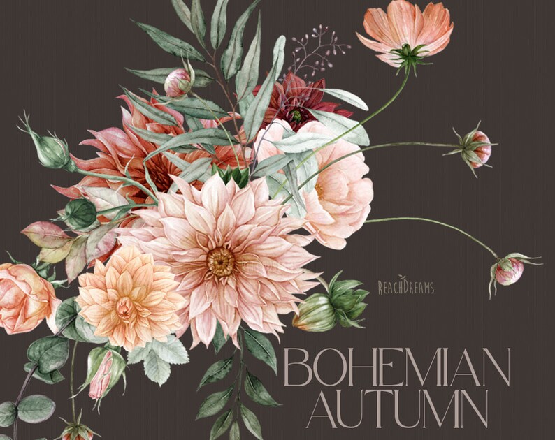 Peut inclure: Peinture &agrave; l'aquarelle d'un bouquet de fleurs roses, p&ecirc;che et rouges avec des feuilles vertes. Les fleurs sont dispos&eacute;es dans un style l&acirc;che et naturel. L'arri&egrave;re-plan est de couleur brun fonc&eacute;. Le texte "BOHEMIAN AUTUMN" est &eacute;crit en lettres blanches en bas de l'image.