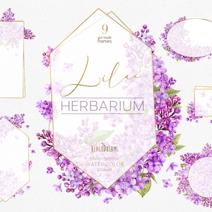 Lila watercolor Frames, Clipart Floral, Boda, Invitación, saludo, flores púrpuras, cita, primavera, plantilla nupcial, geometría, prefabricado