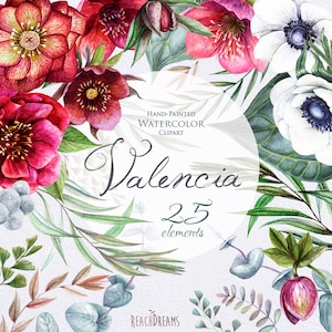 Clipart de flores em aquarela de casamento, flores Helleborus, anêmona, eucalipto, pintados à mão, convites florais, cartão de felicitações, arquivos PNG