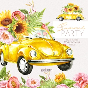 Aquarelle voiture jaune, clipart d’été, tournesols, pivoines, roses, voiture rétro, mariage floral Invitations, téléchargement instantané