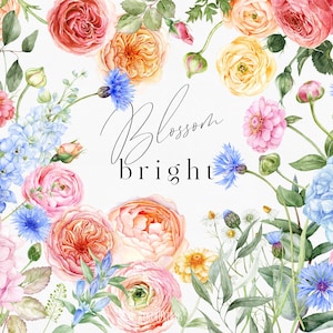 Wildflowers Clipart, Wild flower PNG, Floral Frames Clipart, Watercolor Summer Flowers, Bright Bouquets, Watercolor Flowers Elements PNG