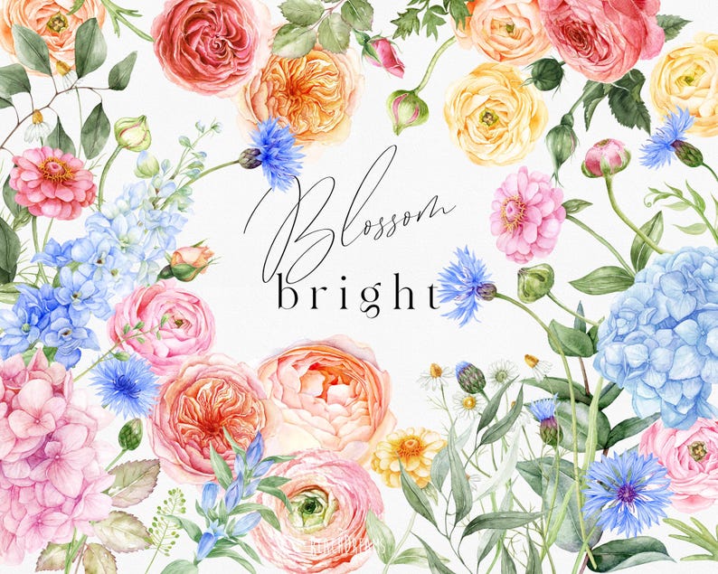 Op de afbeelding: Waterverf bloemstuk met roze, perzik, gele en blauwe bloemen en groene bladeren. De tekst "Blossom bright" is geschreven in een elegant script.