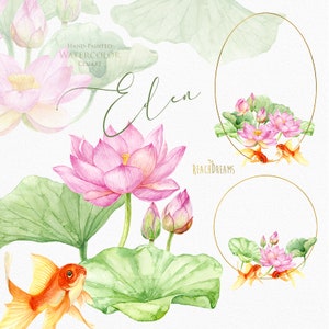 Lotus Acquerello Fiori Clipart, Nenuphar clipart, Ninfee, Pesce Rosso, Pesce, doccia nuziale, design pianificatore, invito di nozze, floreale