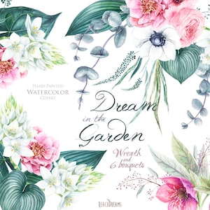 Hochzeit Aquarell Kranz & Blumensträuße, Helleborus Blumen, Anemone, Eukalyptus, von Hand bemalt Clipart, Blumen einladungen, Grußkarte