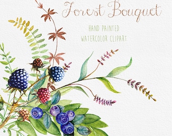 Berries Watercolor ClipArt. Hand Drawn Blueberry, Blackberry, DIY elements, invite, transparent, digital png