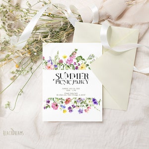 May include: A white invitation card with a floral border and the text "SUMMER PICNIC PARTY" in black. The invitation details a picnic party on Sunday, July 14, 2015, from 10am to 2pm at Cheel State Park, 88 Jillian Ave, West Chicago, IL 60147.