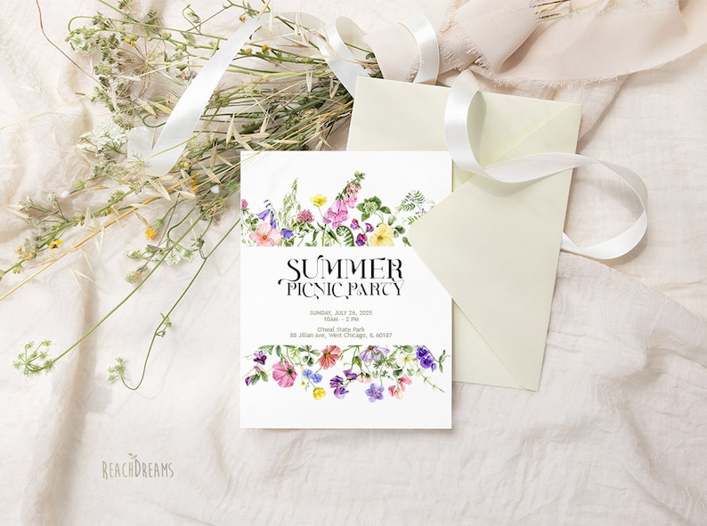 May include: A white invitation card with a floral border and the text "SUMMER PICNIC PARTY" in black. The invitation details a picnic party on Sunday, July 14, 2015, from 10am to 2pm at Cheel State Park, 88 Jillian Ave, West Chicago, IL 60147.