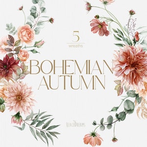 Fleurs d’automne en terre cuite - Boho Boho Fall - Fleurs d’automne - Mariage Boho - Dahlia - Roses - Cosmos - Eucalyptus - Couronnes neutres