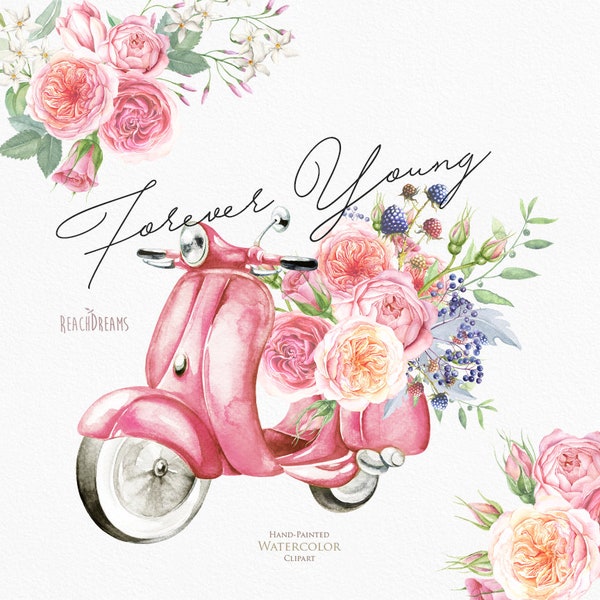 Watercolor Retro Moped Floral Bouquets Roses Jasmine Summer Spring Pink Party Wedding invitation, Digital Pink Flowers, greeting card, PNG