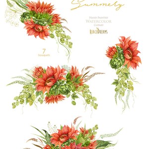 May include: Seven watercolor illustrations of bouquets of red sunflowers and green hops. The text "Summery" is written in gold script above the bouquets. The text "Hand-Painted Watercolor Clipart" is written in black below the bouquets. The text "ReachDreams" is written in black below the text "Hand-Painted Watercolor Clipart".