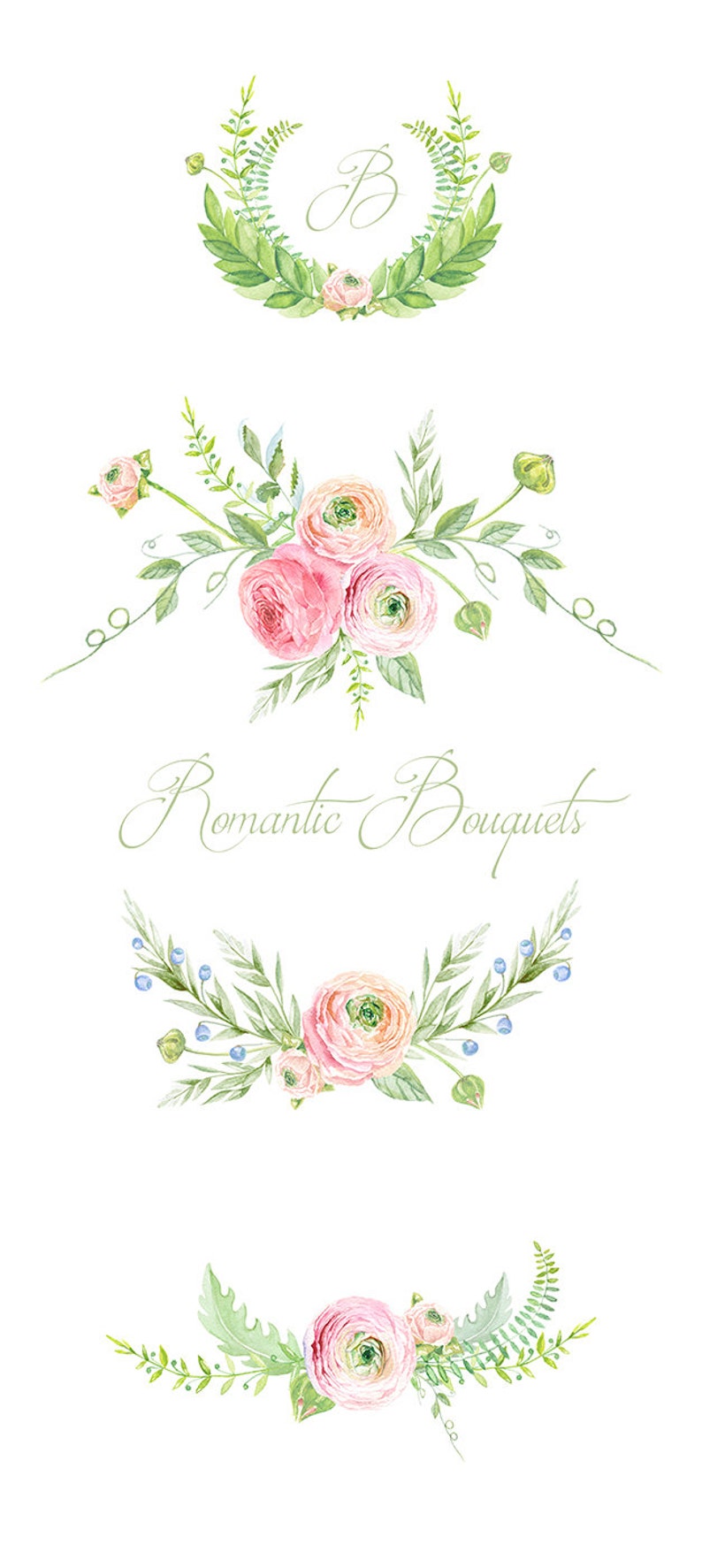 Watercolor Ranunculus Bouquets Flowers Clipart Digital Pink Watercolour Peonies Clipart Wedding Floral Bouquets Florals DIY Invitation image 2