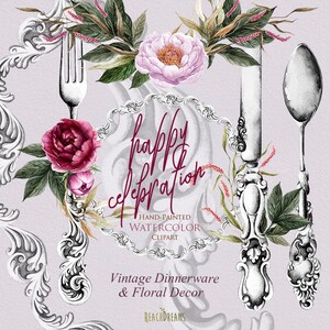 May include: Watercolor illustration of vintage silverware, floral arrangements, and a decorative frame with the text "happy celebration". Hand-painted watercolor clipart of vintage dinnerware and floral decor.