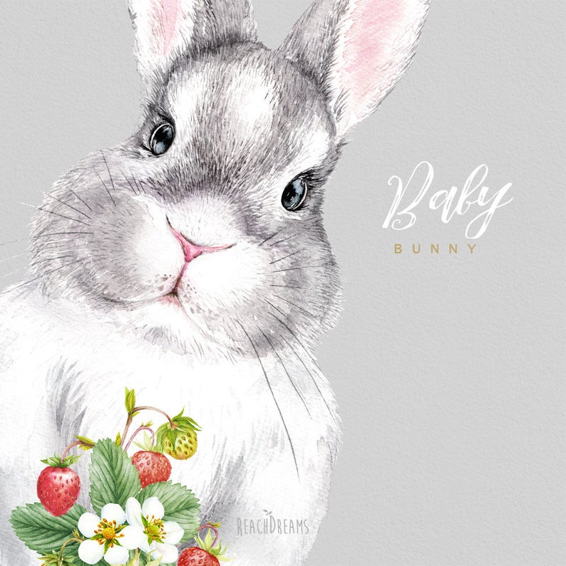 rabbit forest nursery art baby shower Watercolor Bunny Little animals clipart woodland berries kids cute babies portrait flowers