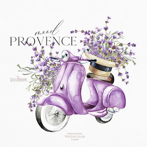 Lavendel Aquarell Retro Moped Provence Violett Blumen Hochzeit Einladung Clipart Sublimation Design Bauernhof Dorf Boho Romantisch PNG