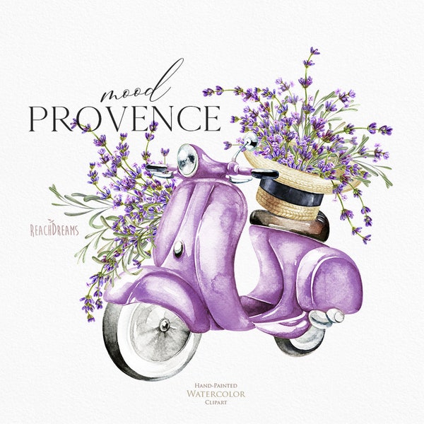 Lavender Watercolor Retro Moped Provence Violet Flowers Wedding Invitation Clipart Sublimation Design Farm Village Boho Romantic PNG