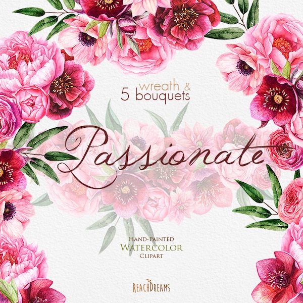 Watercolor Peonies, Roses, Anemones, Dahlias clipart, Fuchsia Bouquets and Wreath, Hand painted, Wedding Invitations, instant download