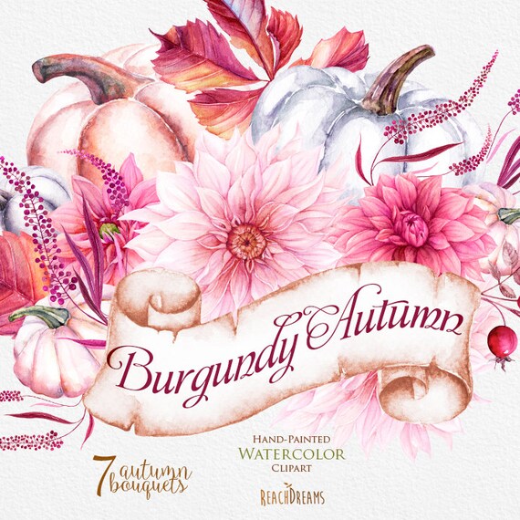 Pumpkin & Dahlias Watercolor clipart, Burgundy Autumn, Halloween, digital bouquets, hand painted clipart, fall clipart, instant download