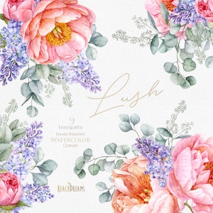 Flieder, Eukalyptus, Pfingstrosen, Aquarell Clipart, Blumen, Hochzeit, Sträuße, Gruß, Blumen, Zitat, Frühling, grüne Blätter, rosa, violett, png