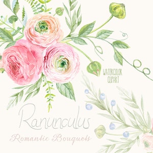 Watercolor Ranunculus Bouquets Flowers Clipart Digital Pink Watercolour Peonies Clipart Wedding Floral Bouquets Florals DIY Invitation image 1