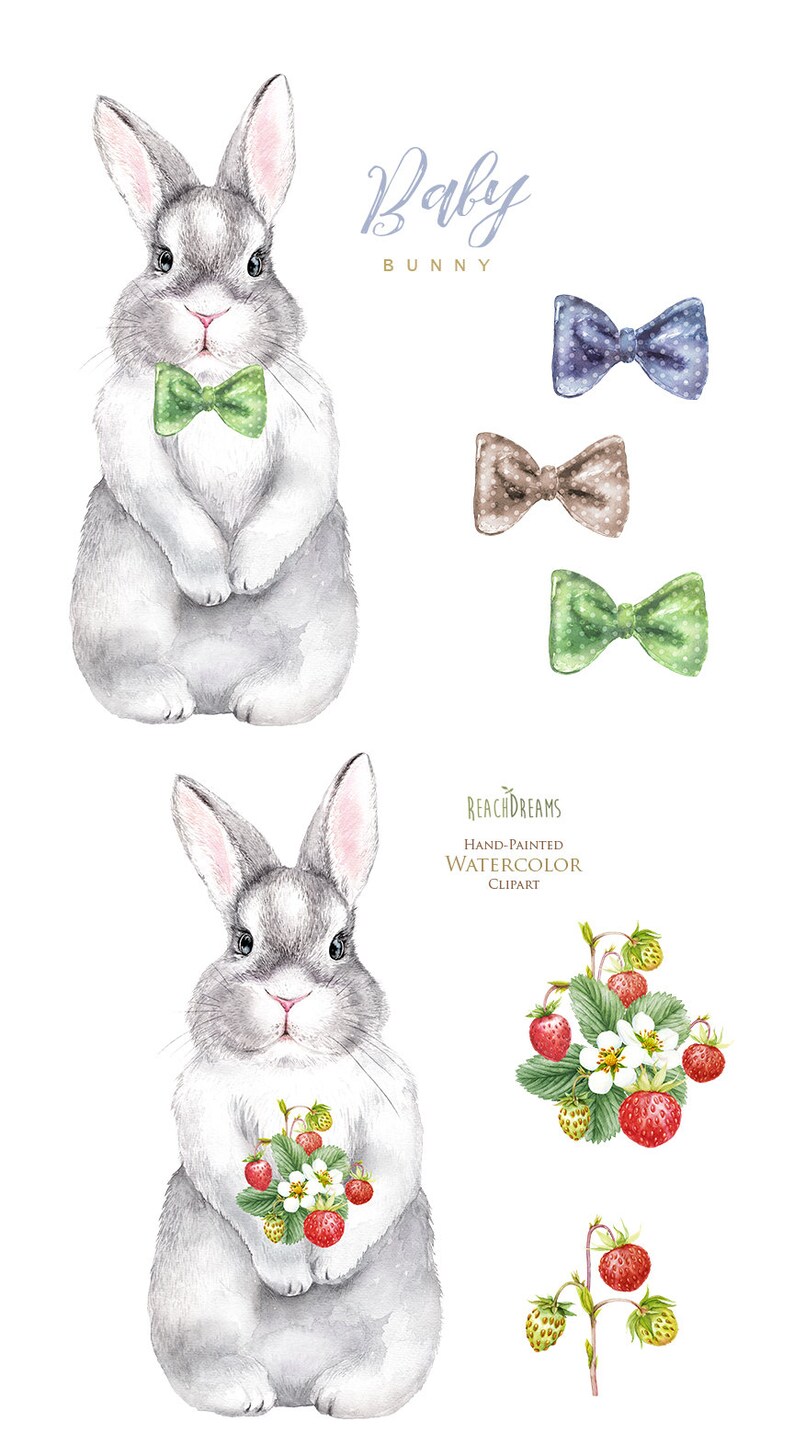 rabbit forest nursery art baby shower Watercolor Bunny Little animals clipart woodland berries kids cute babies portrait flowers